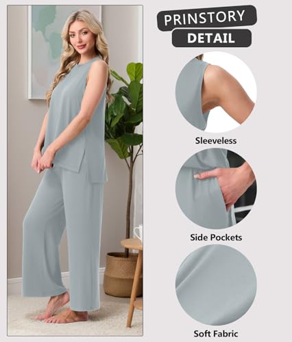 Image of PrinStory Womens Pajamas Sets 2 Piece Soft Pjs for Women Sleeveless Pajama Set Summer Loungewear with Pockets
