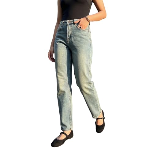 Image of Urbano Fashion Women's High Rise Straight Fit Washed Jeans Non-Stretchable