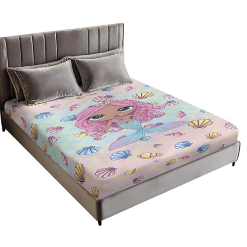 Yuresuaet Mermaids Soft Bed Sheets Kids Cute King Size Fitted Sheet for Girls Aesthetic Soft Decorative Fabric Bedding for Dorm Hostel Quality Mattress Cover with Deep Pockets 16''