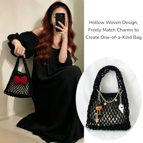 Image of Mini Clutch Handbag Fishing Net Bucket Bag Cotton Rope Crochet Drawstring Woven Beach Bag Small Tote for Women Girls