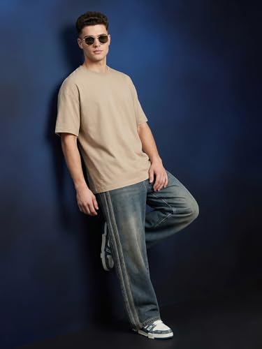Image of Veirdo Oversized Baggy Fit Drop Shoulder Half Sleeves Round Neck Solid Pure 100% Cotton T-Shirt for Men (Available in White, Black, Mustard, Maroon, Green, Lilac, Navy, Red Color)