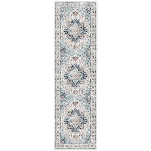 Madane Runner Rug 2'6''x8' Kitchen Runner, Hallway Runner Vintage Washable Rugs Soft Non-Slip Low Pile 2.5x8 ft Runners for Hallways Laundry Room Distressed Rug, Blue