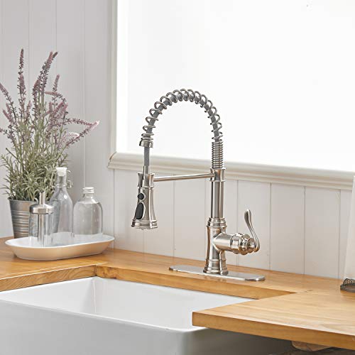 Bwe Kitchen Sink Faucet Brushed Nickel With Deck Plate Single Handle Lever With Pull Down Sprayer Spring Kitchen Faucet 3 Function High Arc Lead-Free Farmhouse Commercial Bar Kitchen Faucets #TOP2