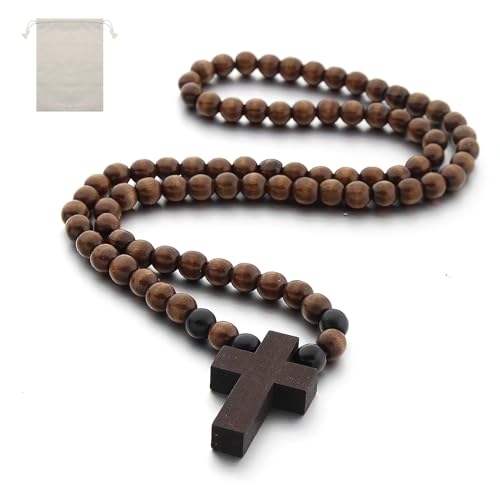 Cruz de madera con rosario católico, cruz natural de madera de olivo en bolsa de lino natural, mini cruz de sujeción para oración, meditación, regalos religiosos cristianos o decoración de collares,