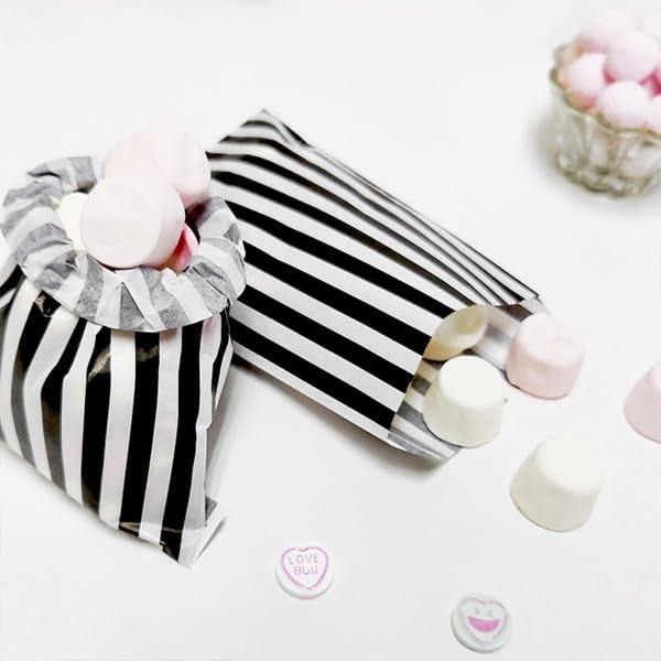 ezkart | 5"x7" | Pack of 100 Assorted coloured striped paper bags Ideal for multiple occasions. Quality paper sweet bags (Black, 5x7-100 Bags)