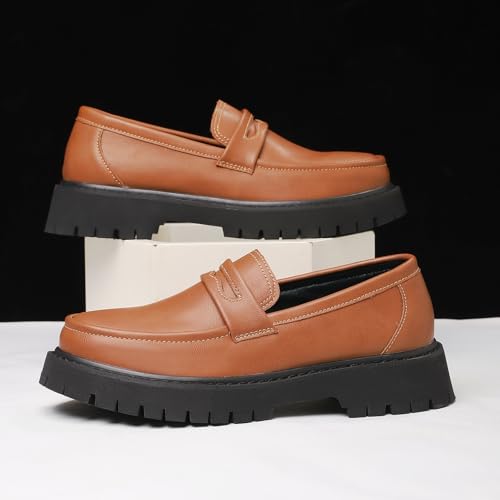 Image of Men's Leather Platform Chunky Slip-On Penny Loafers Classic Round Toe Lug Sole Business Casual Formal Work Shoes