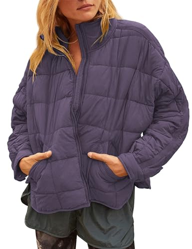 Huaqiao Womens Quilted Puffer Jackets Lightweight Zipper Short Winter Coat With Pockets(Purple-L)