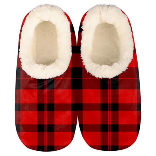 Red Buffalo Check Plaid House Slippers for Women Men, Buffalo Plaid Fuzzy Soft Cozy Non Slip Slipper Socks