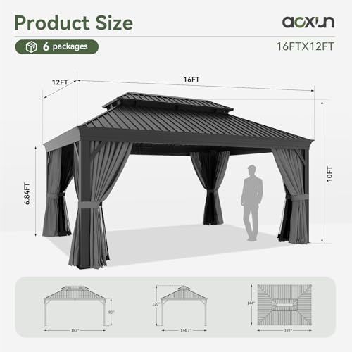 Image of Aoxun 12' X 16' Hardtop Gazebo with Drainage System, Aluminum Outdoor Gazebo with Galvanized Steel Double Roof, Patio Permanent Metal Pavilion with Netting, for Garden, Deckyard, Grey