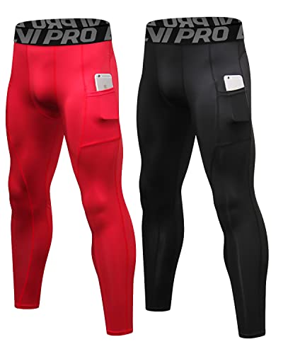 LNJLVI - LNJLVI Leggings Sport pour Hommes Base Layers Running Fitness Pantalon de Compression(Rouge-Noir,L)