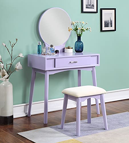 Isabella Beauty Makeup Vanity Set with Large Round Mirror & Thick Cushioned Stool, Purple