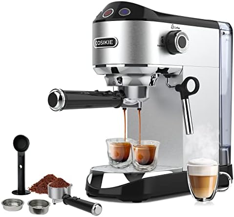 COSIKIE Espresso Coffee Maker, Espresso Machine with Milk Frother Steam Wand, 15 Bar Fast Heating Espresso Machines for Home, Stainless Steel Compact Latte Cappuccino Machine, Gifts for Mom and Dad