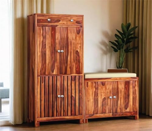 Image of Wooden Shoe Rack with Seat | Shoe Cabinet with Seating Closed Door for Home | Sheesham Wood with Drawer Storage Organiser | Honey Finish | 53x14x52 Inch