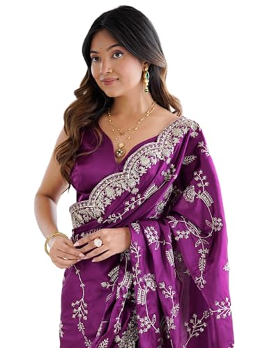 Image of SIRIL Women's Satin Embroidery And Scalloped Border Saree With Unstitched Blouse Piece