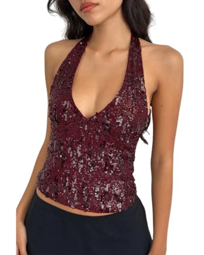 Y2k Glitzer Sommer Pailletten Tank Top Einfarbig Ärmellos Tiefer V-Ausschnitt Slim Fit Rückenfrei Diskothek Weste Weinrot A M