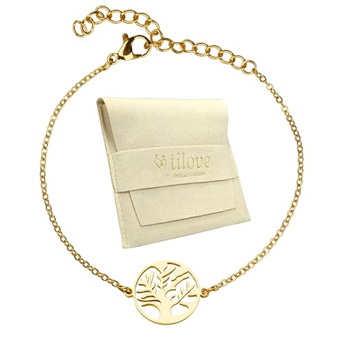 TILOVE – Pulsera de árbol de la vida de acero inoxidable dorado, símbolo de fuerza y florecimiento – Cadena ajustable 16 + 5 cm – Regalo elegante con bolsa de microfibra y tarjeta inspiradora, 16 cm