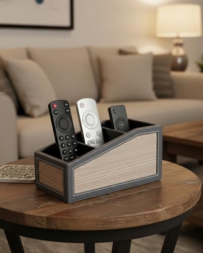 Image of Premsons Classic Remote Holder - 4 Section Tabletop Organizer in Light Brown | Faux Leather with Refined Wooden Finish | Decorative & Practical Organizer - Grey