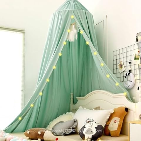 Hommi Lovvi Bed Canopy for Girls with Light, Princess Bed Canopy Curtains for Twin Full Queen Size Kids Bed, Canopy for Girls Bed Room Decor, Hanging Castle Ceiling Tent, Girls Bed Canopy - Green Cover