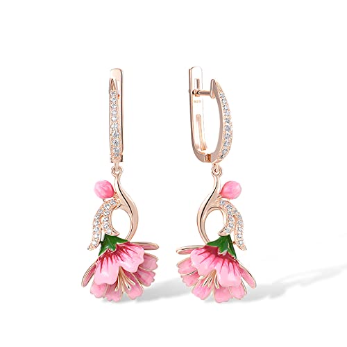 Santuzza Pendientes de plata de ley con esmalte en forma de flor para mujer, Plata de ley Plata de ley Esmalte, Circonia cúbica