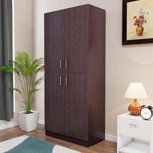 Image of VIKI Wardrobe | Wooden Almirah for 4 Small Door Wardrobe with Shelves & Hanging Space (Dark Wenge - 40D x 80W x 180.8H) | 1 Year Warranty | Free Assembly