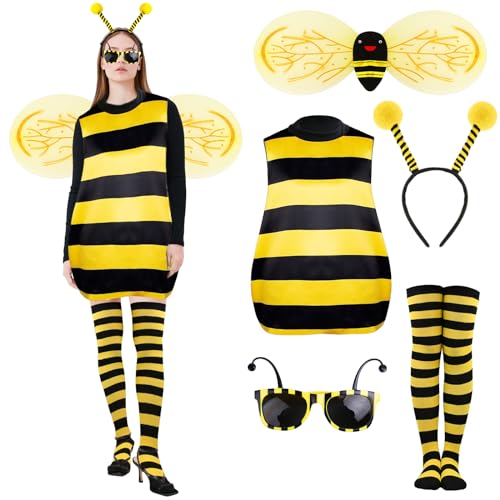 Kakamanon Set di 6 costumi da ape per adulti, da donna, per carnevale, cosplay, con ali, occhiali da sole, antenna, fascia per le gambe, maniche per Halloween, feste e cosplay