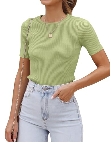 Image of ZESICA Women's Short Sleeve Sweater Tops 2026 Summer Crewneck Basic T Shirt | Business Casual Outfits, Solid Color Ribbed Knit Tee, Slim Fitted, Soft Skin Friendly, Going Out Top, Cute Dressy Blouse