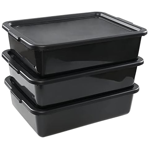 Parlynies 13 L Commercial Bus Tubs with Lid, 3-Pack Plastic Bus Box, Black Cover