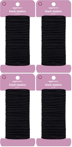 Amazon Basics No Damage Elastic Hair Ties, Ponytail Holders for All Hair Types, Snag-Free, Strong Hold, Black 4 MM, 32 Count (Pack of 4)