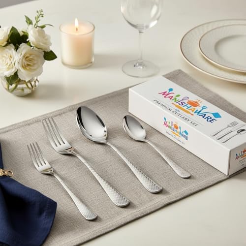 Image of Classic Silver 4 Pcs Stainless Steel Cutlery Set for Dining Table, Dishwasher Safe Glossy Flatware (Perfect Spoon Fork Set)