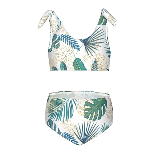 Girls Green and Golden Tropical Leaves Pattern Swimsuit Two Pieces Bikini Set Bathing Suits Swimwear Crop Top Swimsuit Set