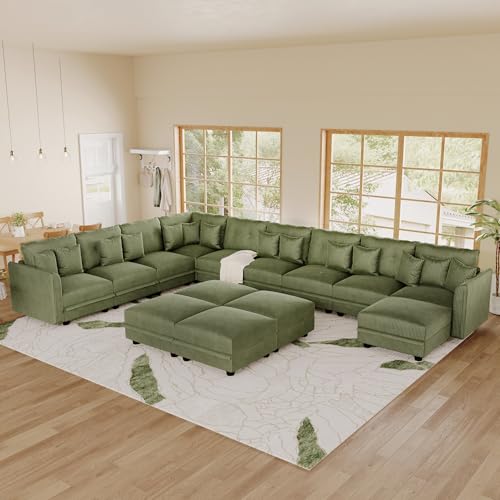 Image of LLappuil 14-Seat Modular Sectional Sofa with Storage, 163 inch Oversized U-Shaped Corduroy Couch with 10 Throw Pillows, Pet-Friendly Convertible Pit Sofa for Large Spaces, Skin-Friendly, Green
