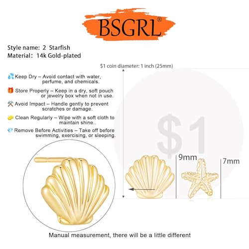 BSGRL 14K Gold-Plated Ocean-Inspired Stud Earrings Set - Dainty Starfish, Shell, Turtle, and Seahorse Designs for Women - Image 6