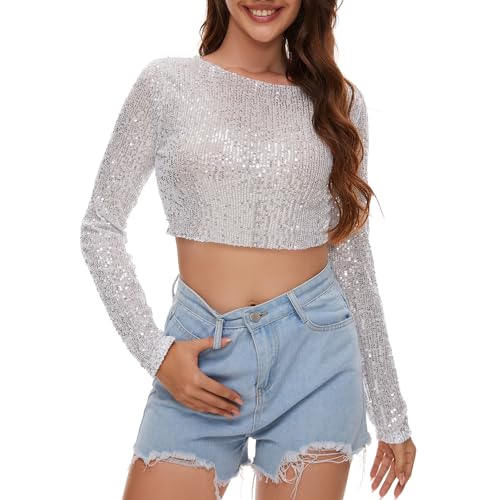 Silver Sequin Crop Top Long Sleeve Sequin Top Sparkle Crop Top for Disco Rave Concert Party