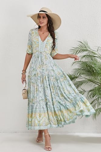 Image of Women Short Sleeve V Neck Floral Print Casual Bohemian Maxi Dresses
