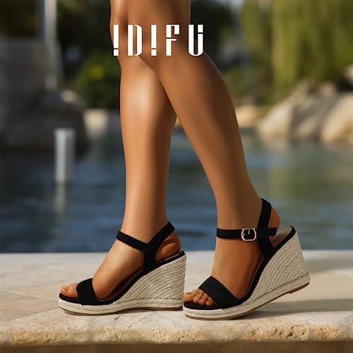 Image of IDIFU IN4 Espadrille Wedge Sandals for Women Open Toe Ankle Strap Platform Wedges Heels Causal Summer Wedge Shoes Comfortable Espadrilles Wedges