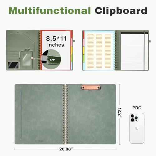 Image of Clipboard with Storage for Men Women, Leather Padfolio Portfolio Organizer 5 Folders with 10 Pockets, Spiral Clipboard Folio with Notepad for Letter Size, Elastic Closure and Pen Loop Sage Green