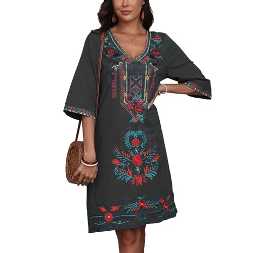 Image of Grosy Women's Embroidered Mexican Fiesta Dress Plus Size Traditional Floral Boho Dresses for Women Peasant Hippie Outfit