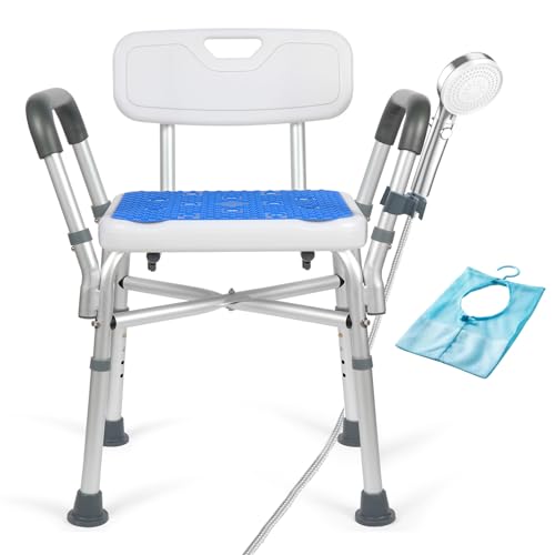 Chaise de Douche pour Personnes âgées, siège de Douche antidérapant avec accoudoirs et Dossier, Tabouret de Douche réglable en Hauteur avec Support pour...