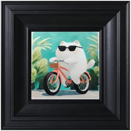 CCPEAR Funny Cat Wall Art Framed Black, Whimsical White Animal Riding Bike Cute Artwork for Bathroom Living Room Bedroom,Modern Small Home Decor Picture Aesthetic