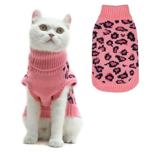 Image of Mihachi Winter Warm Cat Sweater Turtleneck Puppy Pets Sweater Knit Vest Fashion Leopard for Cats Puppy Small Animals Pink Large