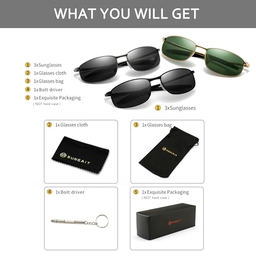 Image of SUNGAIT Mens Narrow Polarized Sunglasses Metal Frame Small Rectangle Retro Durable UV400 Protection