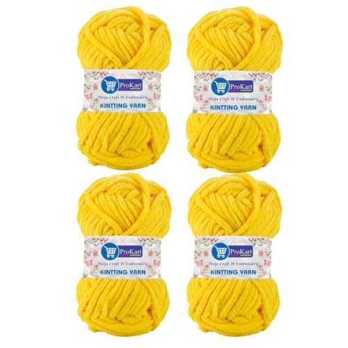Image of ProKart Premium Blankie Wool, Plush & Cuddly, Chenille Yarn Supersoft Hand Knitting Wool Ball | Blanket Thick /Mottu Yarn Ball Suitable for Hand Knitting and Crocheting for Baby, Adult, Sweaters, caps, Throws, Home Furnishing, Scarves, Blankets (Yellow, 100gms x 4 Pack)