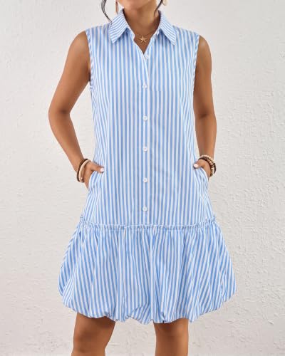 Image of Bsubseach Womens Casual Summer Dresses Sleeveless Linen Bubble Mini Short Dress Button Down Shirt Sundress with Pockets