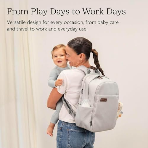 Image of UPPAbaby Changing Backpack - Multiple Storage Compartments - Side Bottle + Laptop Pockets - Trolley Sleeve - Stroller Strap Attachment - Ada -Sandstone Melange | Chestnut Leather