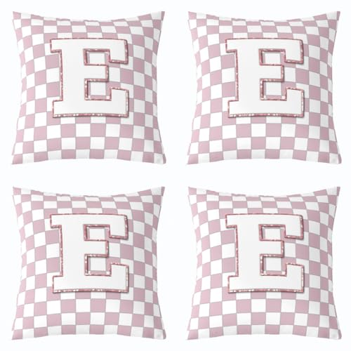 Image of Erosebridal Pink Initial E Throw Pillow Covers 22x22 Set of 2 Kawaii Plaid Checkered Cushion Cover Cute Personalized Monogram Throw Pillow Case for Bed Couch Sofa Fashion Grids Gingham Home Decor