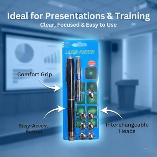 Image of SHAKTISM Laser Pointer Pen with 7 Interchangeable Pattern Heads | Metal Body Presentation Pointer | Star, Grid & Spiral Effects | Long Range Beam | Ideal for Teaching, Meetings & Outdoor