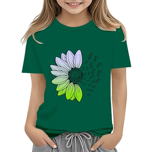 Girls Loose Fit Sunflower Graphic T Shirts Short Sleeve Crewneck Cute Pattern Printed Tops Kids (D-Green, 8-9 Years)