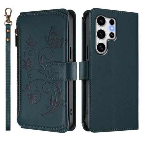 Coque Samsung Galaxy S24 Ultra rabat cuir vert foncé motif papillon antichoc