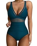 SUUKSESS Women Slimming Tummy Control One Piece Swimsuits Sexy Mesh High Waisted Monokini Bathing Suits (New Peacock Blue, M)