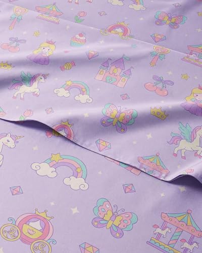 Image of Kids Full Size Princess Dreamland Bed Sheets - 4 Piece Kids Sheet Set | Princess Dreamland Themed Bedding, Ultra-Soft, Cute & Cozy, Breathable & Machine Washable, Bed Set for Boys, Girls & Teens